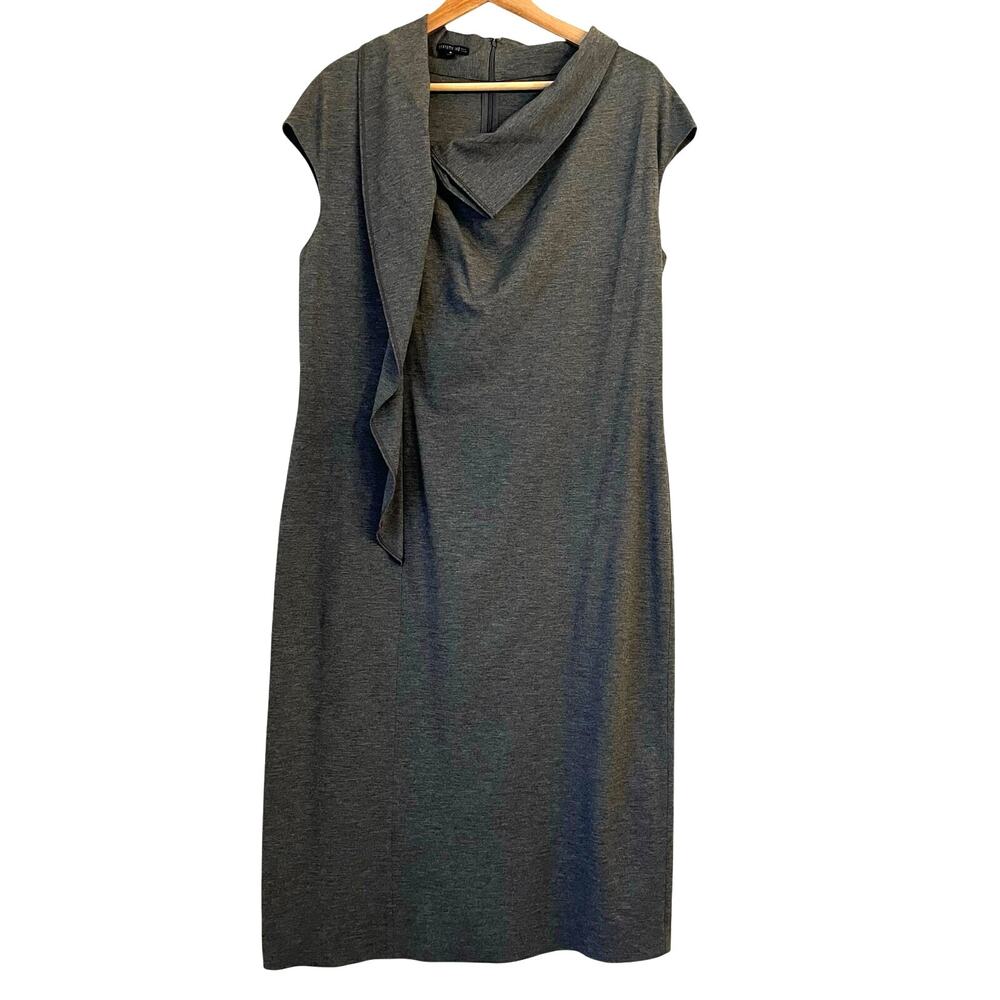 Lafayette 148 Draped‎ Front Dress Size 16 Midi Sheath Gray Office Stretch Work